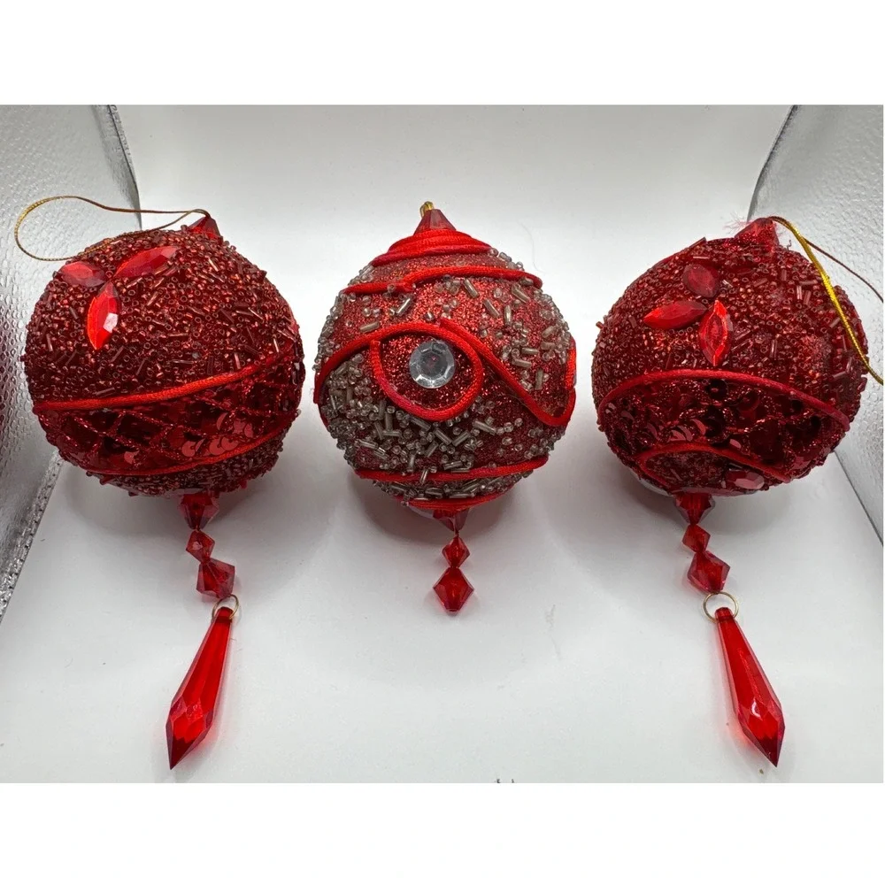 Red Beaded Christmas Ornaments Set of 3 Silver Accents Crystal Dangles